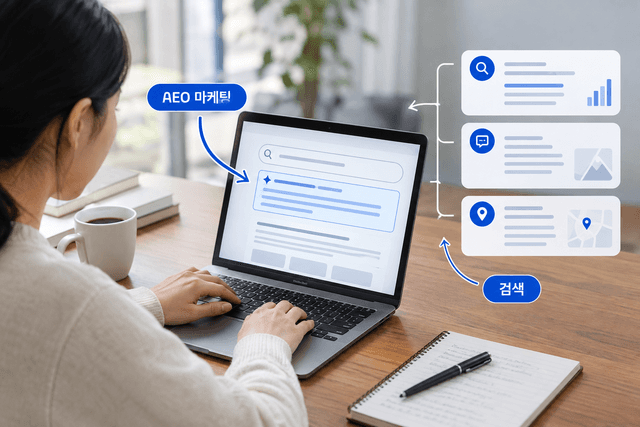 SEO·AEO·GEO가 각각 검색 순위, 질문 즉답, AI 인용이라는 서로 다른 자리를 겨냥한다는 점과 AEO 페이지 만드는 법을 설명하는 글