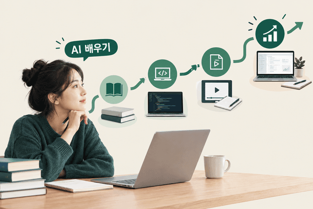 AI를 처음 배우는 사람이 개념 이해에서 도구 실습, 업무 적용으로 나아가는 학습 여정을 담은 표지
