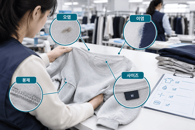 의류 검품대에서 오염·이염·봉제·원단·사이즈 5대 기준으로 옷을 한 점씩 확인하는 패션 풀필먼트 검품 공정