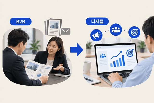흩어진 B2B 거래 데이터가 하나로 모여 자동 분석과 대시보드로 이어지는 디지털전환의 흐름을 담은 추상 표현
