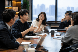 강남역 인근에서 열리는 사업가 모임 제1회의 브리핑과 테이블 로테이션 네트워킹 구성을 설명하는 이미지