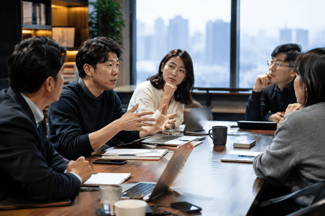 강남역 인근에서 열리는 사업가 모임 제1회의 브리핑과 테이블 로테이션 네트워킹 구성을 설명하는 이미지