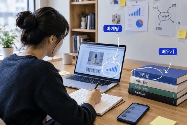 마케팅을 처음 배우는 사람이 기초 개념부터 채널 실습과 데이터 분석까지 단계별로 밟아가는 학습 여정을 담은 표지