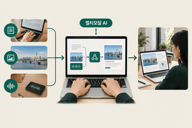 텍스트와 이미지, 음성 데이터가 하나의 표현 공간으로 모여 함께 처리되는 멀티모달 AI의 통합 구조를 담은 추상 표현